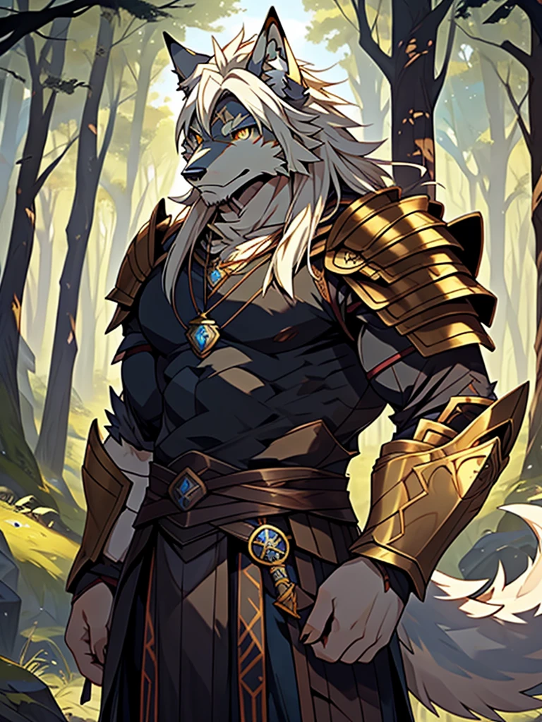 Injuried、、and、Sad eyes、Wound、armor、Long Sword、hairy、masterpiece、Anthropomorphic white wolf，Dragon-like golden eyes，Pure white hair，Tail，Wolf head pendant，forest