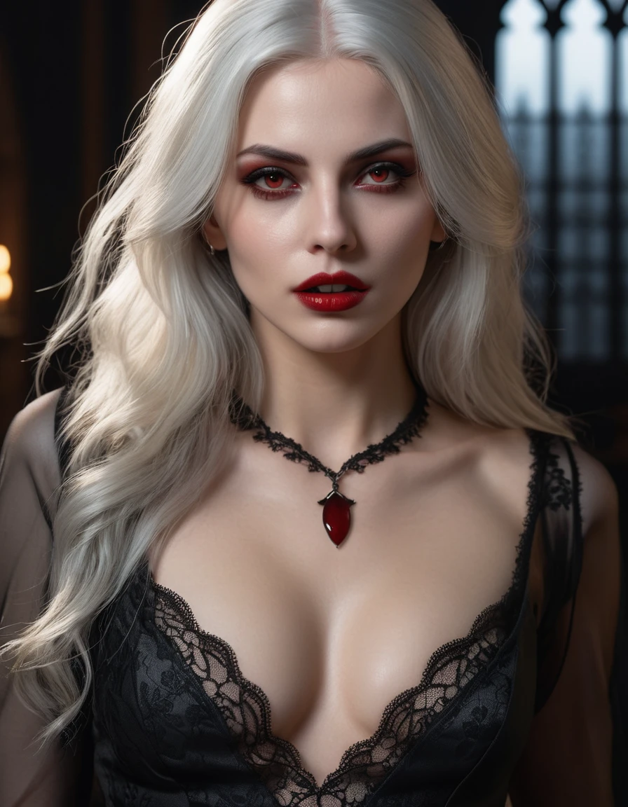 Best Quality, Ultra-High Definition, 8K Resolution, 32K Resolution, Masterpiece, High Detail, Ultra-Detailed, Photorealistic, Hyper-Realistic, Extremely Detailed, High Fidelity, Crisp Details, Sharp Focus, Realistic Textures, Intricate Details, Highly Detailed Eyes, Realistic Skin Texture, full body shot, photorealistic seductive full body portrait of a vampire woman, in her mid 30s, long white colored hair, standing at full height in the dark, she is wearing a black short skintight dress with a plunging neckline, small beautiful breasts, thin figure, detailed chest, black openwork stockings, black high heels, detailed face, dark makeup, Seductive look, (sexual) Outside, fangs visible, Blood runs down his lips, bright glowing eyes. long light hair, realism, pale detailed skin, bright red eyes, very detailed skin, loose hair, Realistic skin, Gothic attire, Canon,4K, mysterious, Gothic, Sexy beautiful vampire, full body shot,