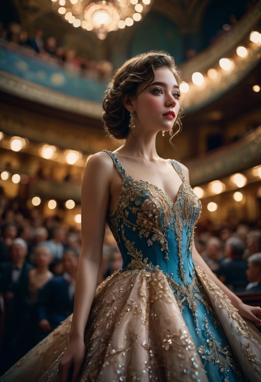 Evening Dress, theater, by Alyssa Lazer, RAWphoto, 35mm photograph, bokeh, best quality, masterpiece, very aesthetic, perfect composition, intricate details, ultra-detailed