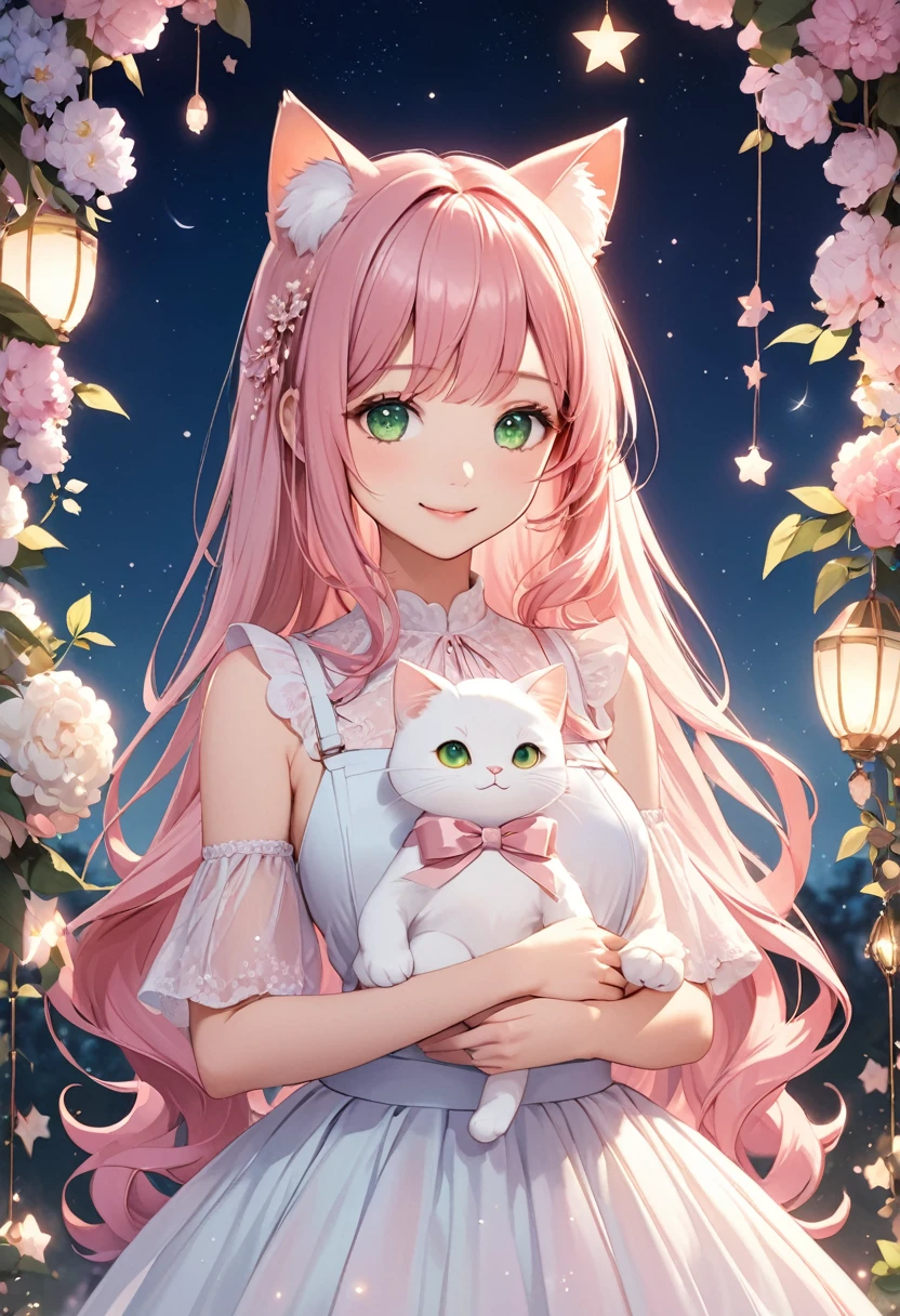 A beautiful anime girl with long, flowing pink hair and cat ears, dressed in a light, delicate outfit with pink ribbons. She has large, sparkling green eyes and a gentle, warm smile. She is accompanied by a cute, fluffy cat with matching green eyes. The background is a soft gradient of night sky with subtle stars, creating a magical and serene atmosphere. The overall scene is dreamy and enchanting, with a focus on the girl's charming and sweet appearance