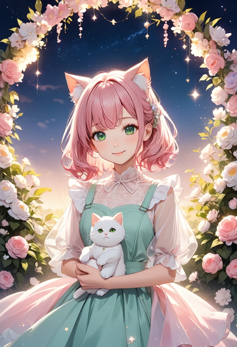 A beautiful anime girl with long, flowing pink hair and cat ears, dressed in a light, delicate outfit with pink ribbons. She has large, sparkling green eyes and a gentle, warm smile. She is accompanied by a cute, fluffy cat with matching green eyes. The background is a soft gradient of night sky with subtle stars, creating a magical and serene atmosphere. The overall scene is dreamy and enchanting, with a focus on the girl's charming and sweet appearance