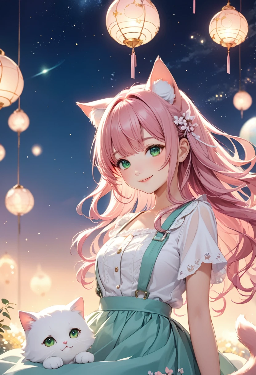 A beautiful anime girl with long, flowing pink hair and cat ears, dressed in a light, delicate outfit with pink ribbons. She has large, sparkling green eyes and a gentle, warm smile. She is accompanied by a cute, fluffy cat with matching green eyes. The background is a soft gradient of night sky with subtle stars, creating a magical and serene atmosphere. The overall scene is dreamy and enchanting, with a focus on the girl's charming and sweet appearance