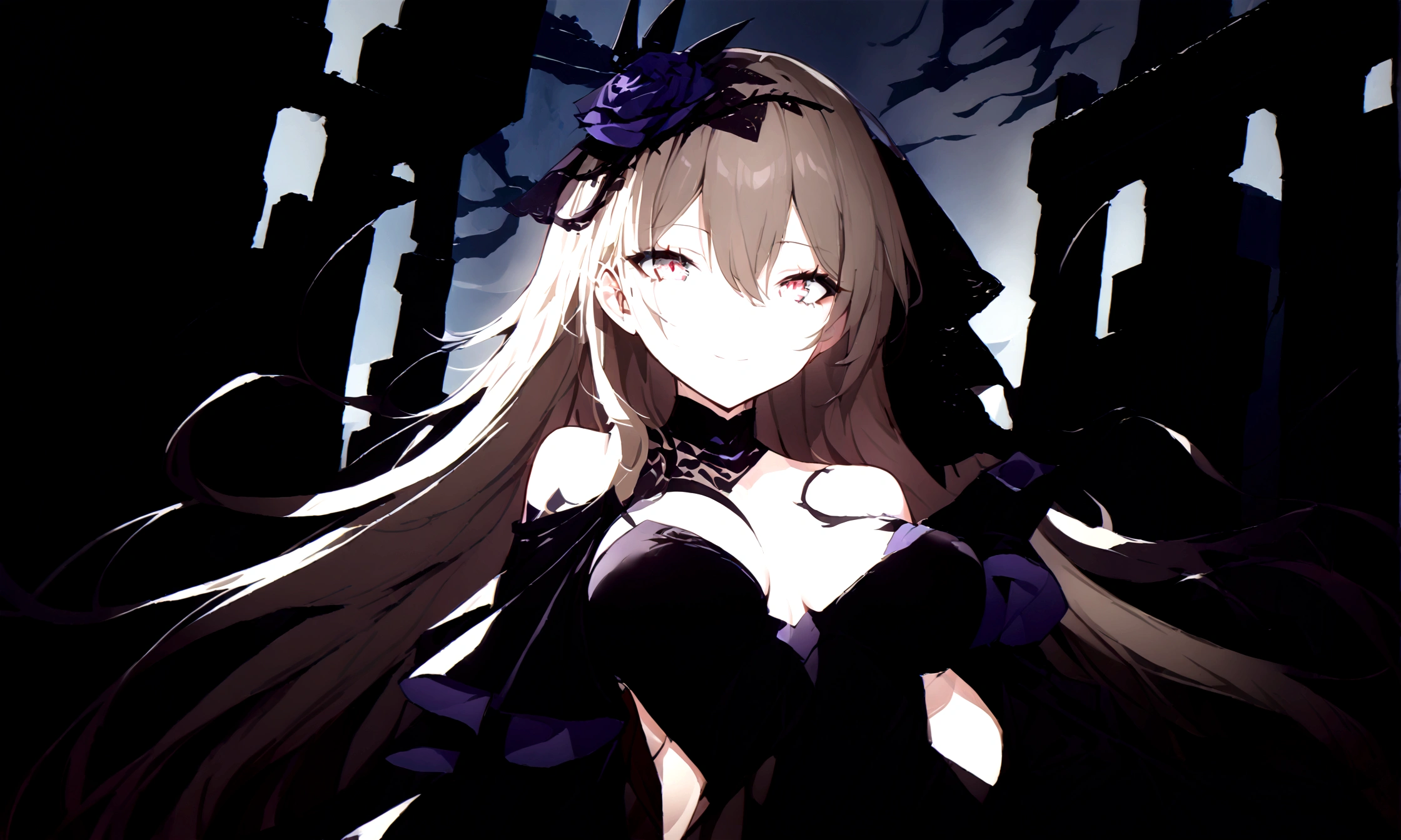 (best quality, highres, masterpiece : 1.4), (flatten art : 0.8), masterpiece, (best quality), 1woman, anime, beige long hair, fair skin, faint red eyes, black and purple headress, medium sized breast, calm smile, (detailed face), black dress, city ruin, close-up, alluring, dynamic angle, eyes to the viewer