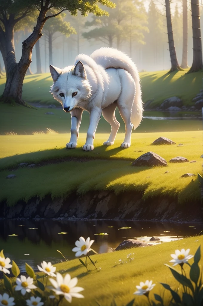a cute white and grey wolf cub, an early morning atmosphere, a beautiful natural landscape, thick grass, dew atmosphere, and dew drops.