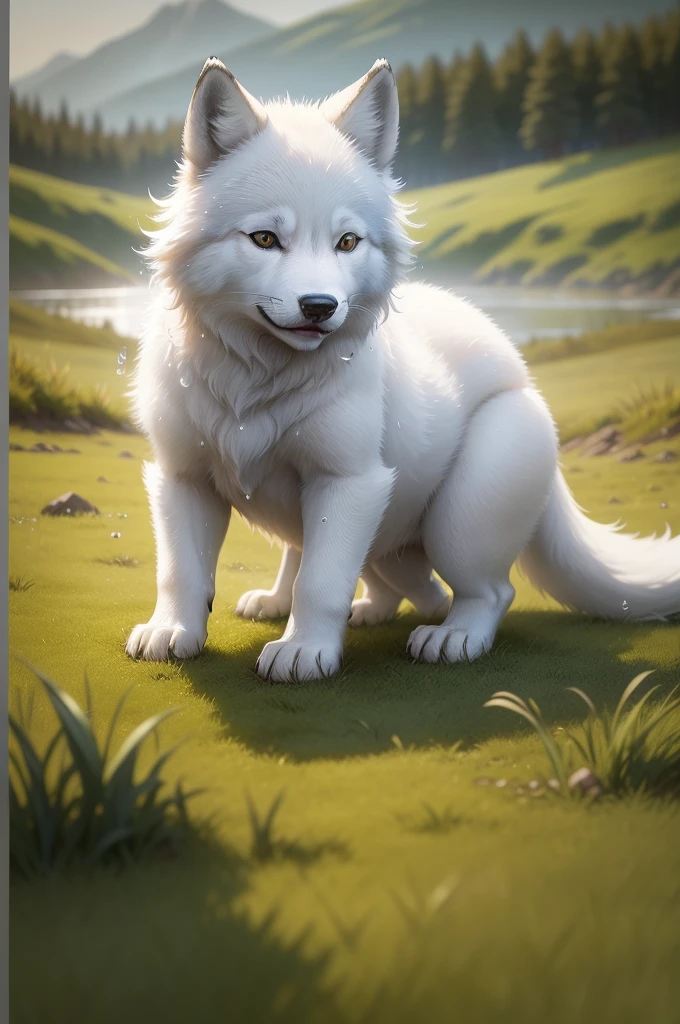 a cute white and grey wolf cub, an early morning atmosphere, a beautiful natural landscape, thick grass, dew atmosphere, and dew drops.