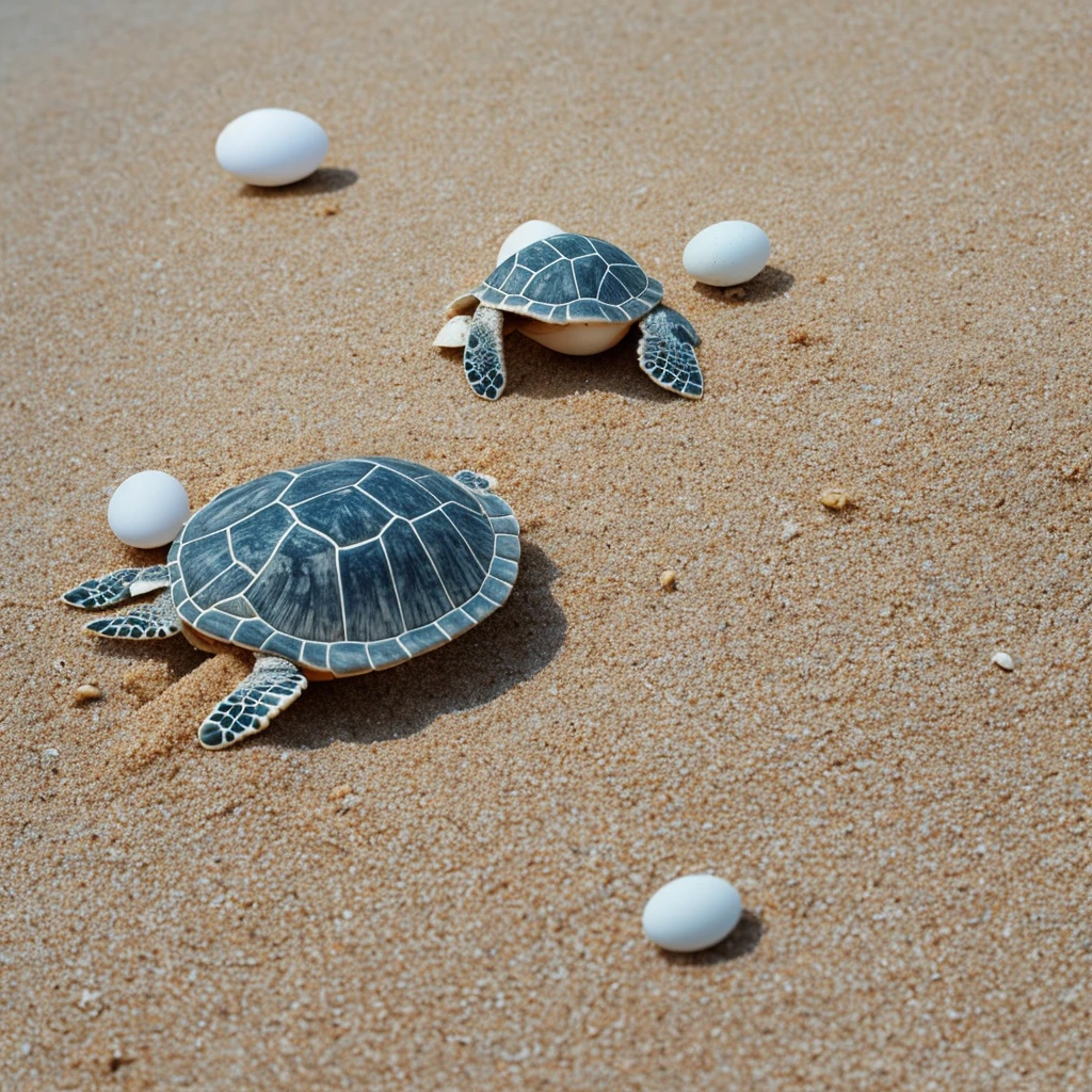 A small sea turtle on a white sand beach and behind the small turtle a broken egg shell 