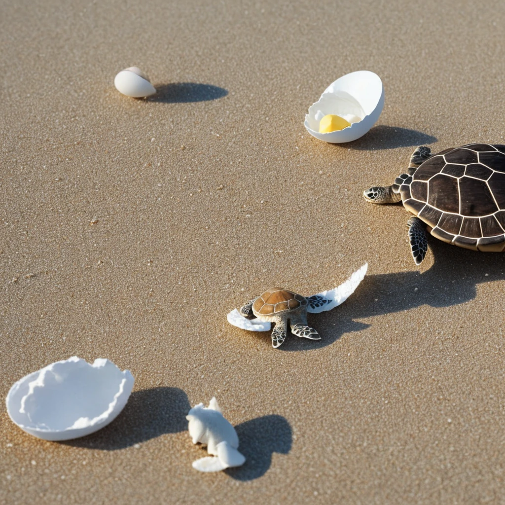 A small sea turtle on a white sand beach and behind the small turtle a broken egg shell 