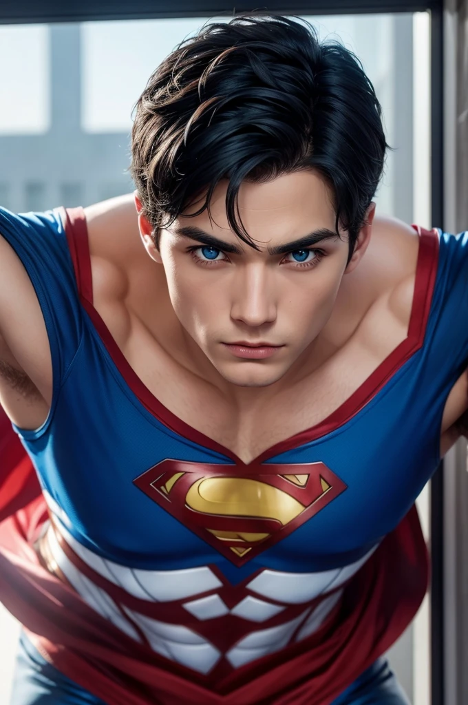 Son of Wonder Woman and Superman. blue colored eyes, shorth hair