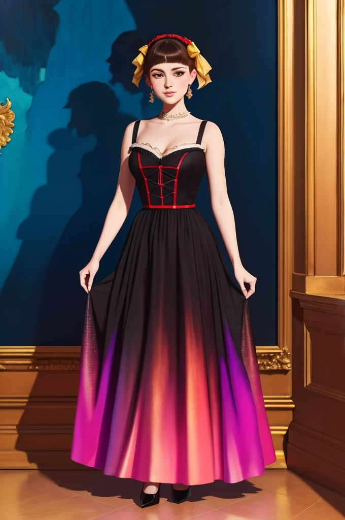 ((full body, an attractive girl with an beautyful eyes)) , red-black satinand tule  Evening Dress, dancing raut time, 
((Edouard Manet style)),((painting)), two-color lighting, Scuff gradient, Complex details, intricate, aesthetics, ((best quality, Masterpiece)),
((Highest detail)), Octane render, hd, f/2.8, 8K