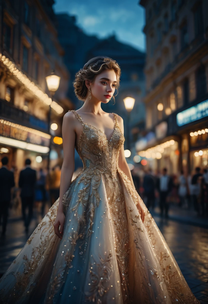 Evening Dress, theater, by Glaslorne, RAWphoto, 35mm photograph, bokeh, best quality, masterpiece, very aesthetic, perfect composition, intricate details, ultra-detailed