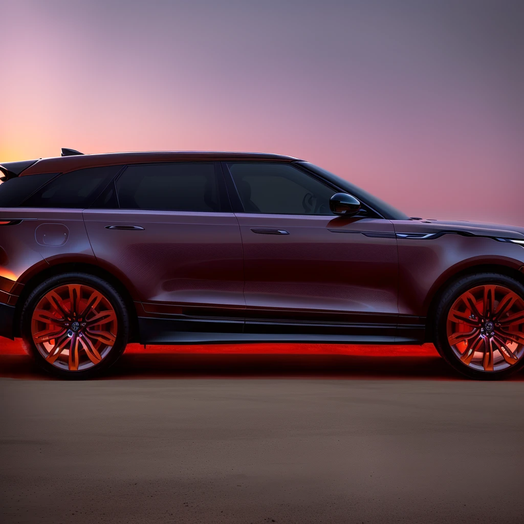 A striking, hyper-realistic illustration of a modern Range Rover Velar sports car against a dramatic, colorful sunset sky. The car is depicted in a bold, stylized manner with vibrant colors and striking details, capturing the power and dynamism of the vehicle. The scene evokes a sense of speed and motion, with the car seemingly poised to take off into the distance. This image would make for an excellent automotive-themed artwork or product visualization
