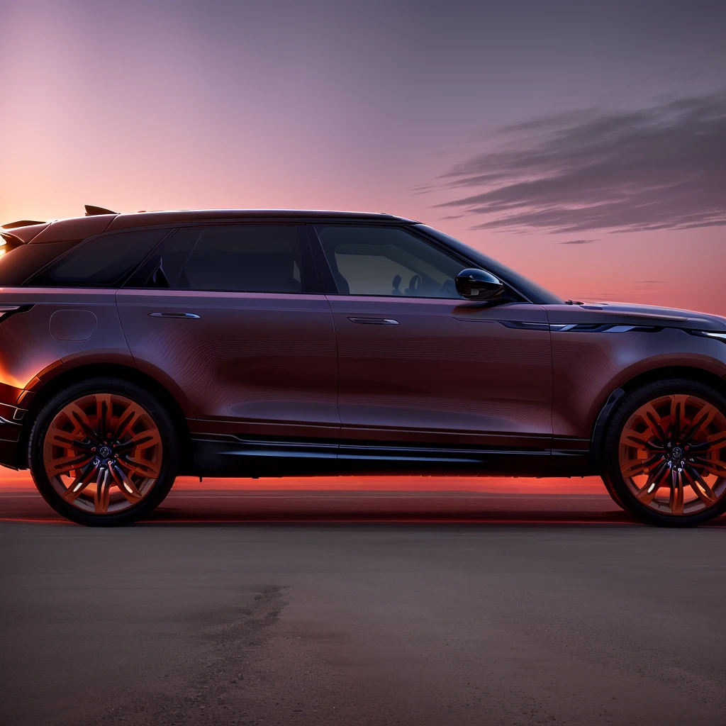 A striking, hyper-realistic illustration of a modern Range Rover Velar sports car against a dramatic, colorful sunset sky. The car is depicted in a bold, stylized manner with vibrant colors and striking details, capturing the power and dynamism of the vehicle. The scene evokes a sense of speed and motion, with the car seemingly poised to take off into the distance. This image would make for an excellent automotive-themed artwork or product visualization