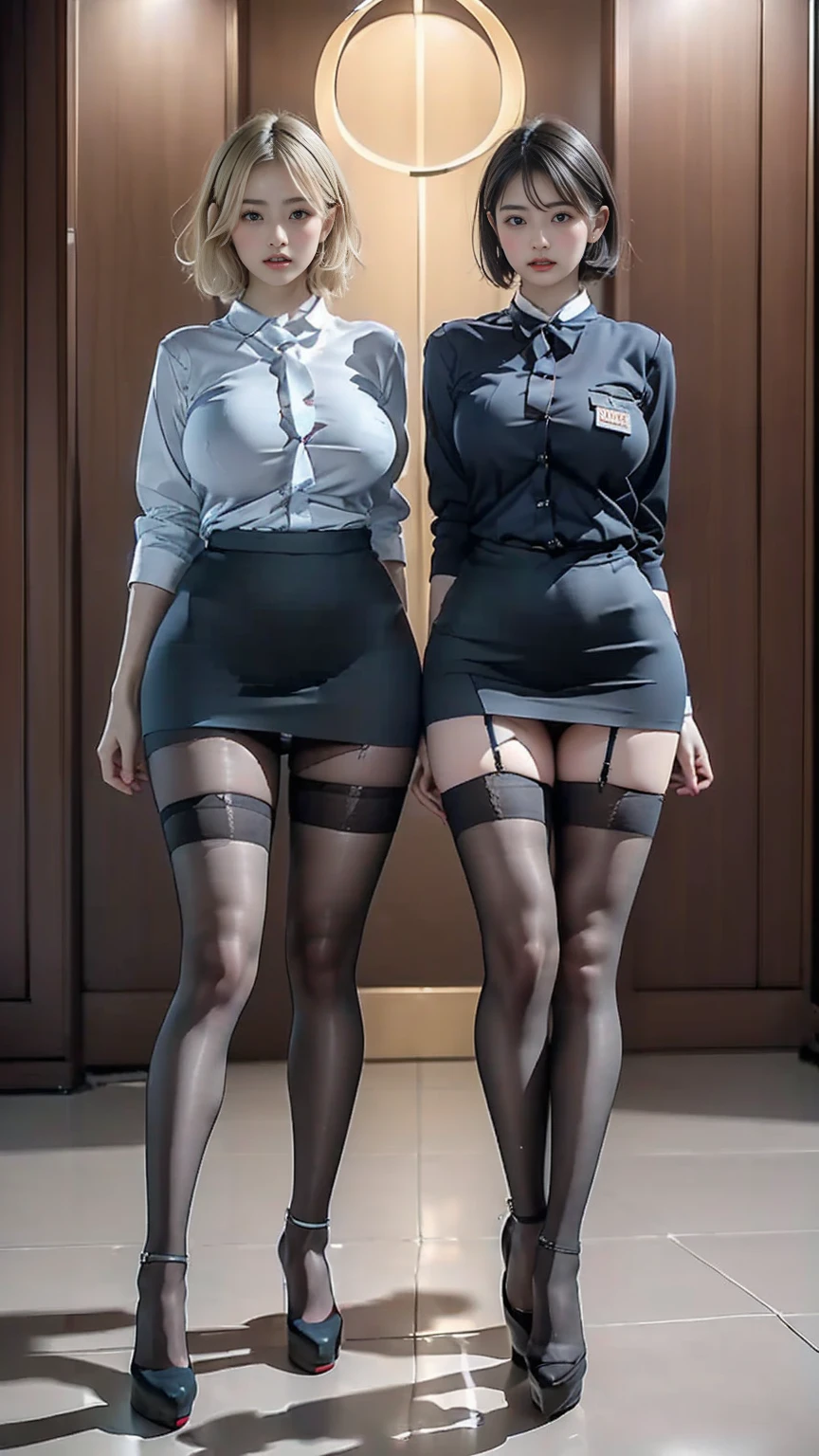 Ultra-high resolution, Realistic, Very detailed, Golden Ratio, Highest quality, Are standing姿の全身ショット, (promotional photoshoot), (Are standing), Standing on the floor in high heels, (Two beautiful secretaries with exemplary figures), Beautiful Face, (Realisticな face), (Blonde short cut:1.3), Realisticな目, Very beautiful eyes, Realisticな skin, Beautiful Skin, Plump body line, Anatomically correct body, (wide thighs), (Very long legs), (I always wear black stockings..:1.3), Fully clothed, Dark blue office lady suit, Micro Mini Skirt, (The skirt is very short:1.2), (Very long legs:1.4), (very wide thighs:1.3), (彼女はI always wear black stockings..:1.4), (Wearing brown platform high heels), Accurate high heels, 