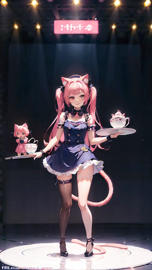 ((Full body shot: 1.5))、((One animal))、((Real female cat))、Big smile、スリムなスタイル、((The background is blurred and nothing is visible))、kpop idol costumes、Cute chibi anime sitting on a plate, long pink hair with twin tails、I have cat ears、Wear a blue mini dress, Smiling, Logo is cheap、Iridescent colors、Heavily