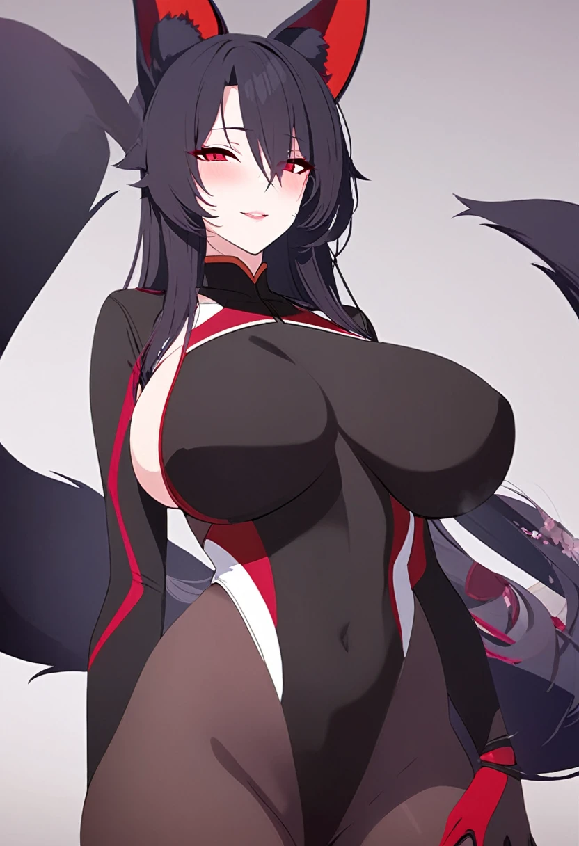 A black Kitsune red eyes highly detailed face highly detailed eyes large breasts sexy figure mature woman several black kitsune tails and soft long Kitsune ears, sexy red and black race suit