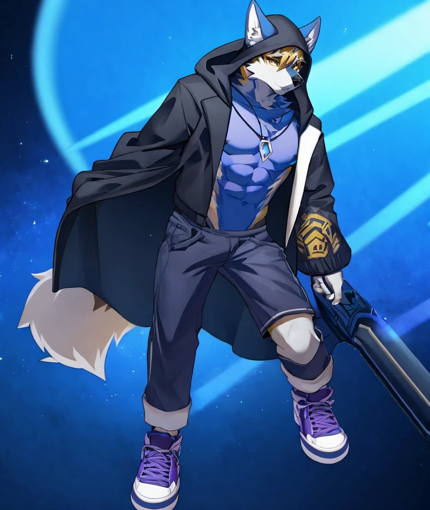 Drawing a male wolf orc，19 years old，White blue fur，There is a black pick dye，Golden eye color，Teenager figure，Proportionate and slim，But the abdominal muscles and chest muscles are all there。Wearing a white T-shirt with a large black logo &quot;x&quot;，There is a blue crystal pendant hanging around her neck.，I usually wear a blue and white full-body coat.，The hem of the jacket is fringed，About ankle length，There is a sun-proof laser film on the outside of the fabric，There is a hood，The hood is specially designed with space for the wolf ears，Plush fabric is used on the hat。Black shorts on the lower body，Left thigh with leg ring。Wear black sports socks，The length is about half of the calf length。Both feet are wearing black and purple sneakers
