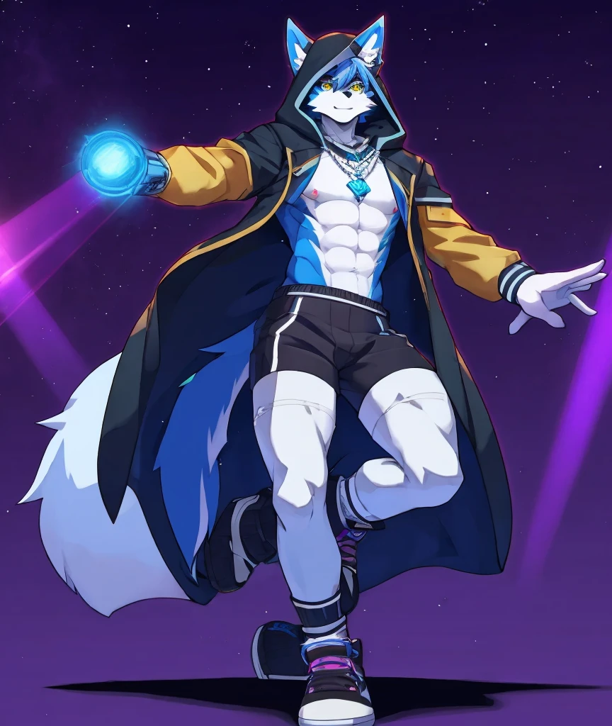 Drawing a male wolf orc,19 years old,White blue fur,There is a black pick dye,Golden eye color, figure,Proportionate and slim,But the abdominal muscles and chest muscles are all there。Wearing a white T-shirt with a large black logo "x",There is a blue crystal pendant hanging around her neck.,I usually wear a blue and white full-body coat.,The hem of the jacket is fringed,About ankle length,There is a sun-proof laser film on the outside of the fabric,There is a hood,The hood is specially designed with space for the wolf ears,Plush fabric is used on the hat。Black shorts on the lower body,Left thigh with leg ring。Wear black sports socks,The length is about half of the calf length。Both feet are wearing black and purple sneakers