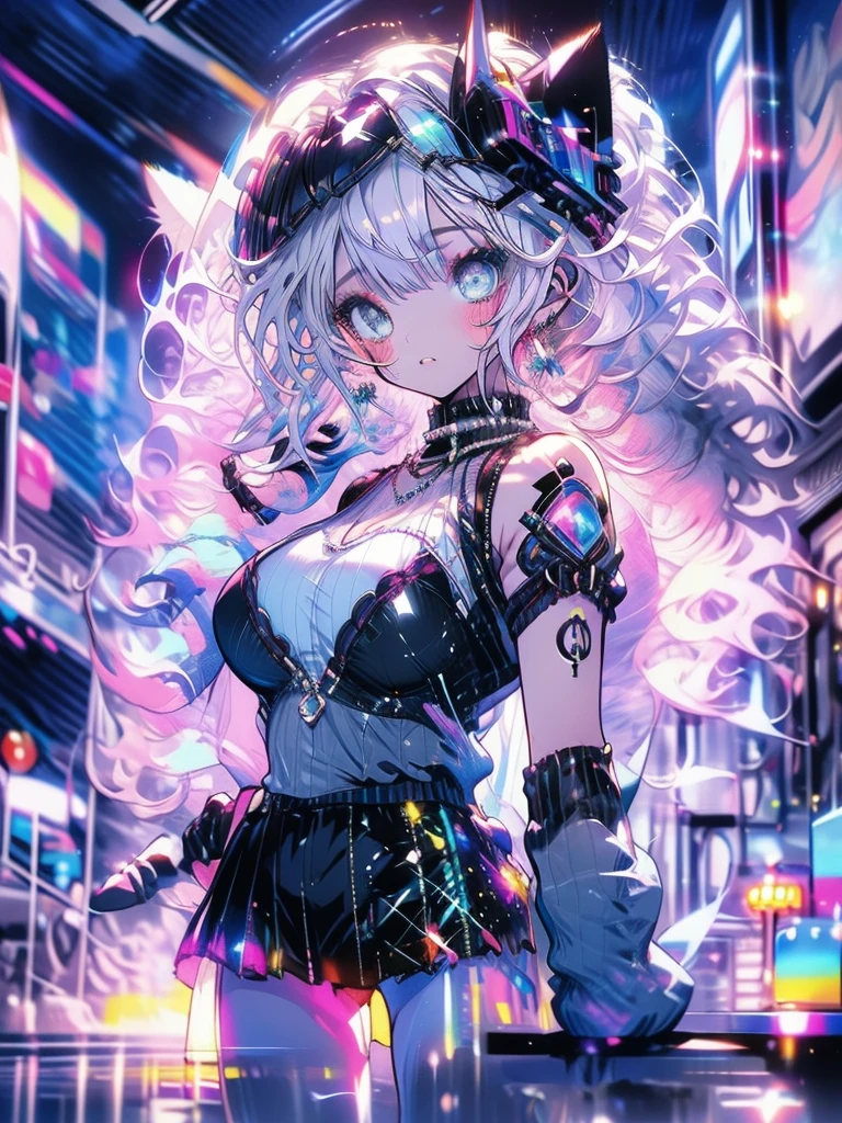 highest quality, masterpiece, long eyelashes, blue eyes punk girl, Dressed in punk clothes, super mini skirt, Sparkling, big breasts, Cat ear, white hair,