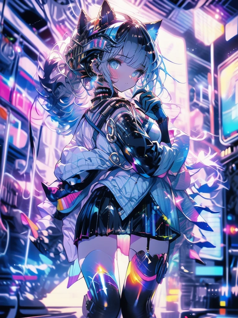 highest quality, masterpiece, long eyelashes, blue eyes punk girl, Dressed in punk clothes, super mini skirt, Sparkling, big breasts, Cat ear, white hair,