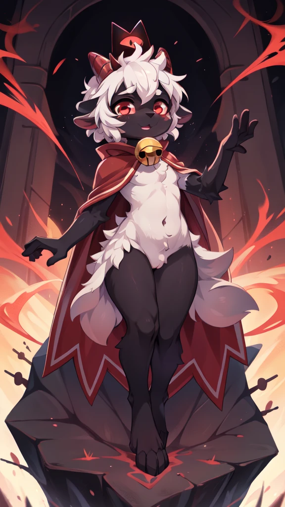 Furry shota, Lamb, "Cult of the lamb", red eyes, black body fur, black nose, small horns, white hair, spiky hairstyle, short hair, full body, detailed body fur, detailed body, detailed eyes, glistering body, shiny body, gorgeous body, masterpiece, feets whit three toes, ((crown, red cloak, bell)), red magic aura, red magic power, float,