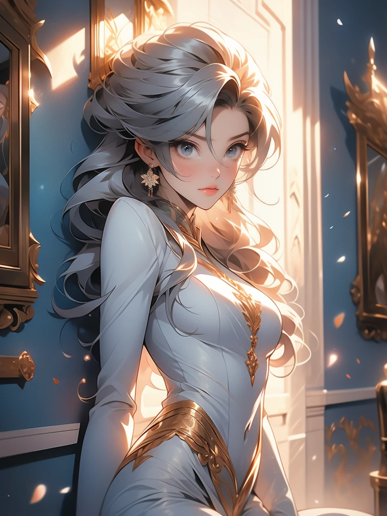 1girl, solo, leaning on white marble wall, sexy face, sexy, cute face, bangs, long hair, look away, shy, nose blush, concept art, freckles, lay light on the wall, passionate, medium breast, fit body, long waist, (thigh gap), wide shoulder, short hair, white hair, hair over one eye, open blue coat, brown gloves, black pants, earrings, seductive, enchanting, (biting lip), erotic