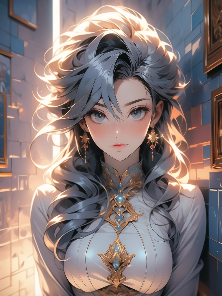 1girl, solo, leaning on white marble wall, sexy face, sexy, cute face, bangs, long hair, look away, shy, nose blush, concept art, freckles, lay light on the wall, passionate, medium breast, fit body, long waist, (thigh gap), wide shoulder, short hair, white hair, hair over one eye, open blue coat, brown gloves, black pants, earrings, seductive, enchanting, (biting lip), erotic