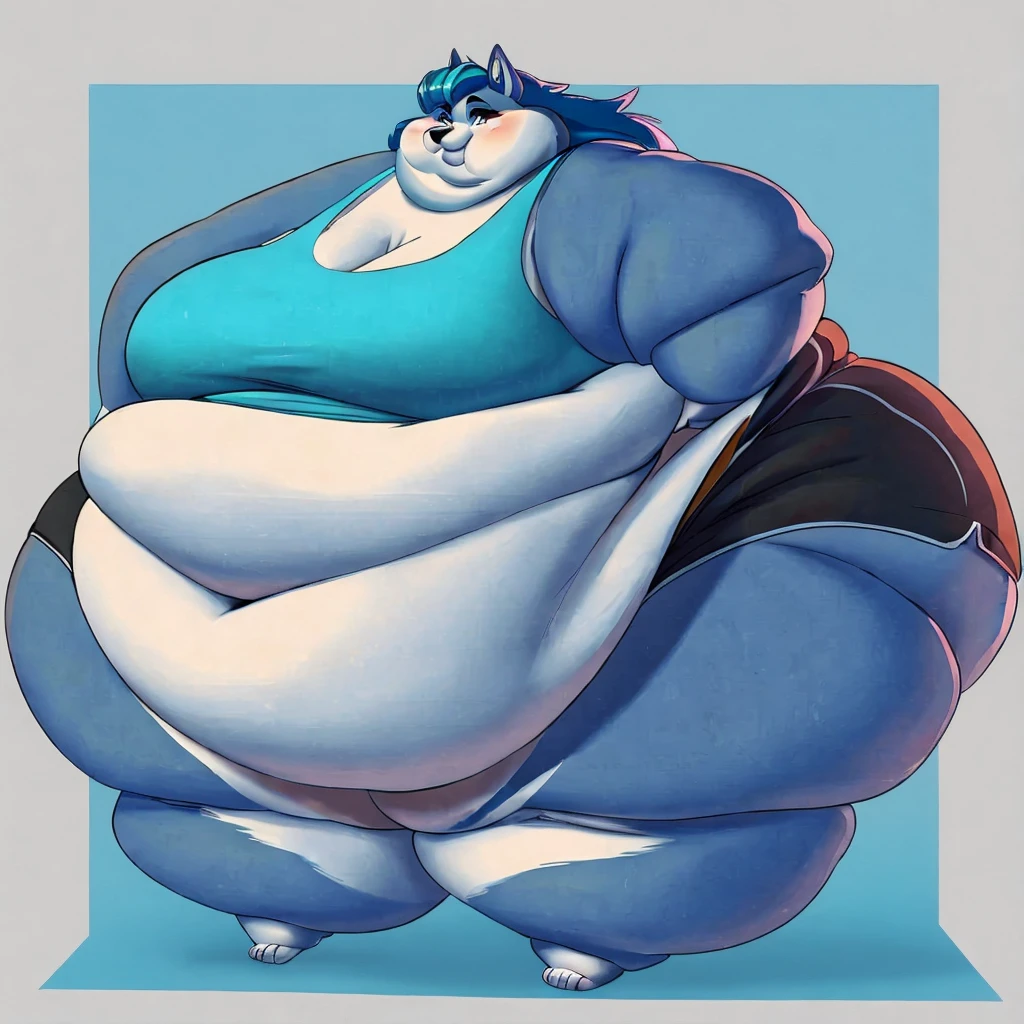 Malamute, female, long blue hair, black and blue body,, huge hips, huge thighs, plump, voluptuous,obese, gorgeous, beautiful, eyelashes, tank top, shorts,fat arms, fat legs, belly rolls, fat rolls, hip fat rolls, double chin, chubby cheeks , barefoot 