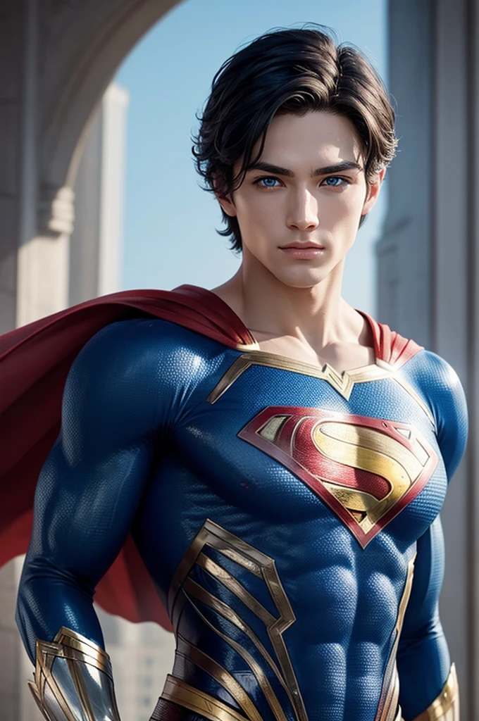 Son of Wonder Woman and Superman. blue colored eyes, shorth hair, around twenty years old.