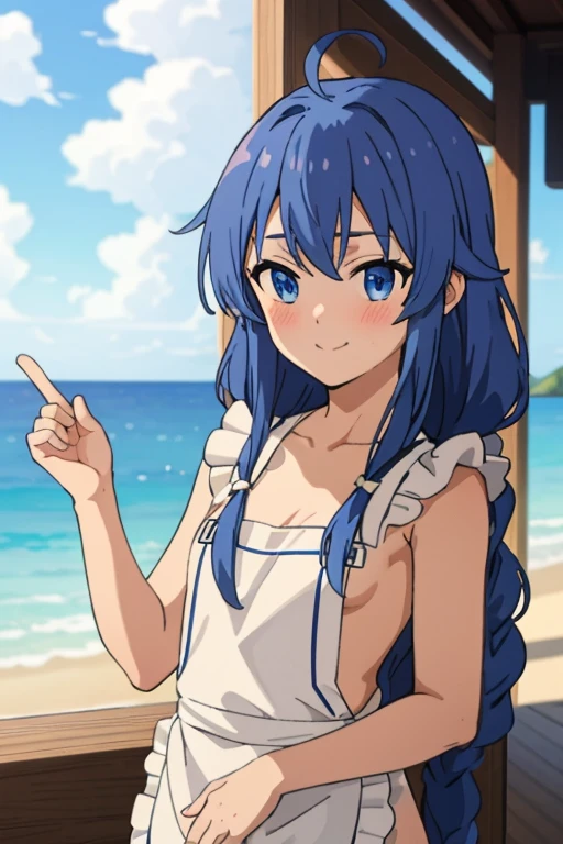 (masterpiece, best quality), music, 1 girl, solitary, Smile, blush, Double braid, Long hair, Blue Hair, garlic,  blue eyes, ((apron)), ((nude)), 裸apron，Small Breasts, Upper Body, eternal,  Looking at the audience, ocean滩, ocean,