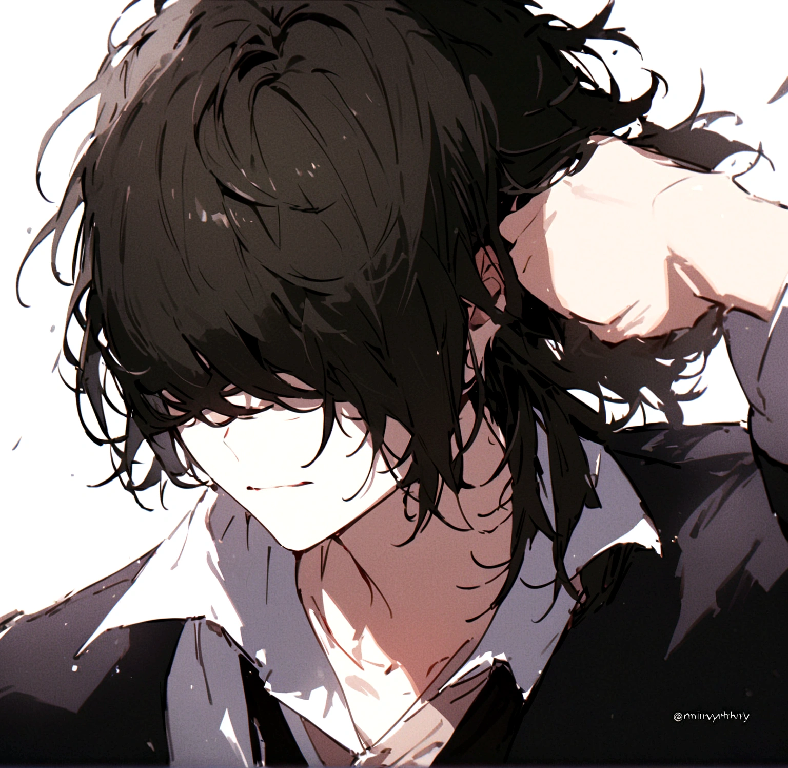 A handsome young man with side swept hair bangs the covered his eyes he has messy black hair and wears simple yet stylish clothes his face devoid of emotion