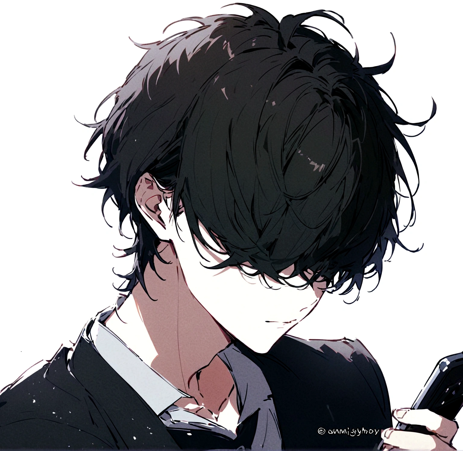 A handsome young man with side swept hair bangs the covered his eyes he has messy black hair and wears simple yet stylish clothes his face devoid of emotion