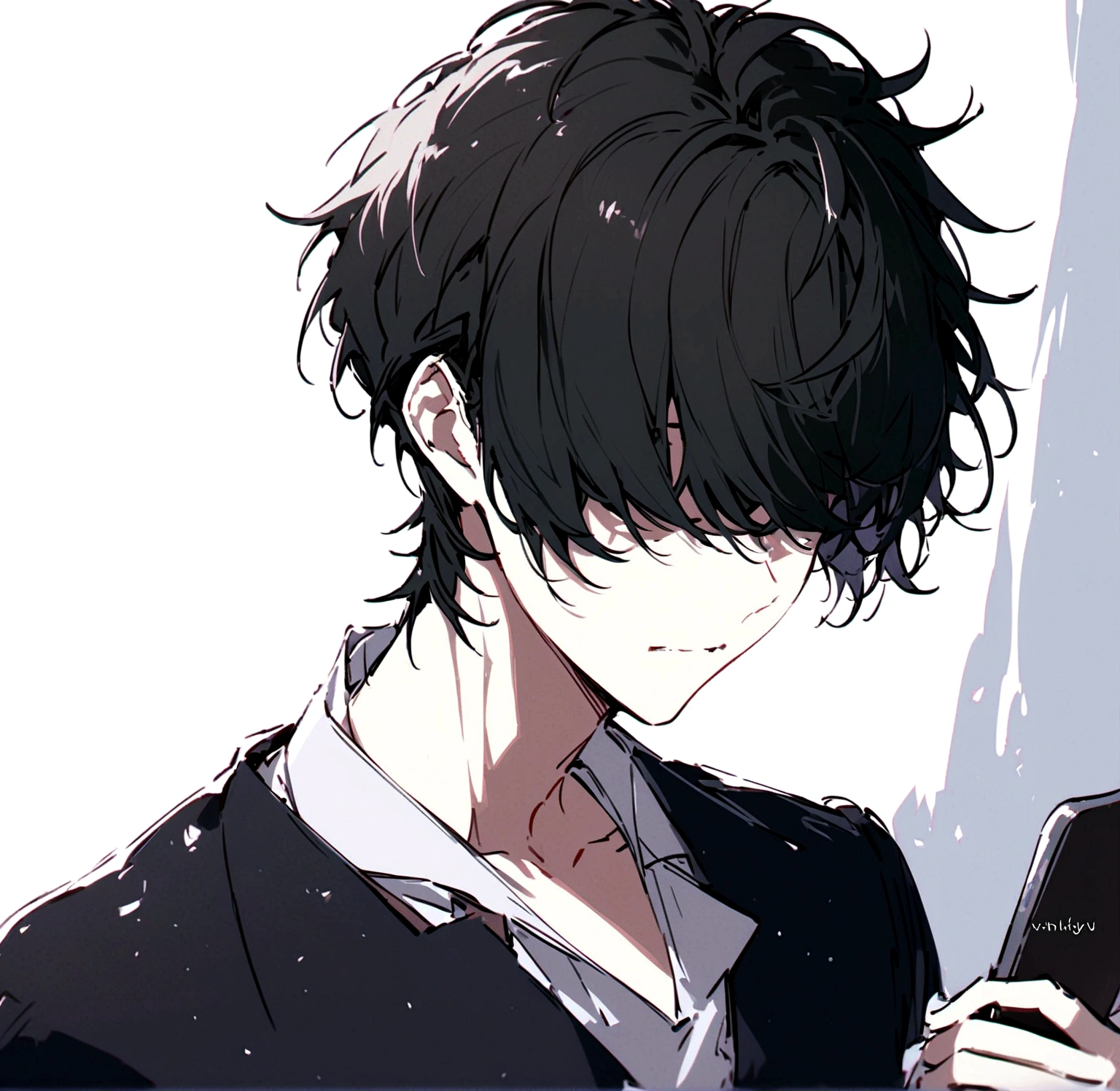 A handsome young man with side swept hair bangs the covered his eyes he has messy black hair and wears simple yet stylish clothes his face devoid of emotion 