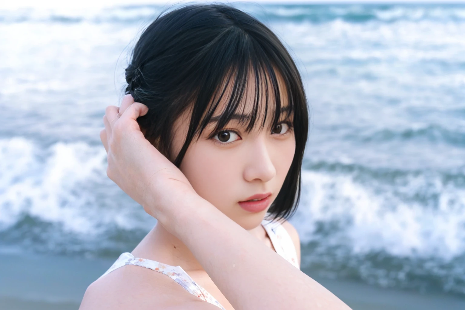 there is a woman that is standing on the beach with her hair in a bun, kotegawa yui, shikamimi, Chiho, Yoshitomo Nara, kimi takemura, ai yazawa, shiori teshirogi, aoshima Chiho, sui ishida with black hair, Yasumoto Oka