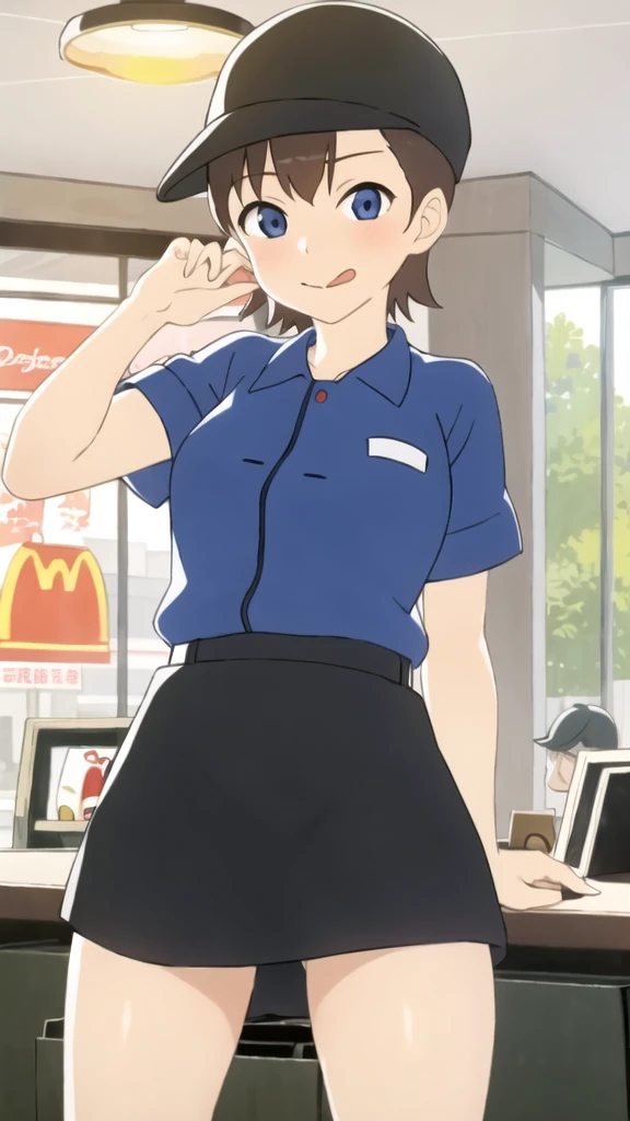 masterpiece, best quality, solo,1girl,looking at viewer,indoor,McDonaldâs,
McSumire,howing panties、White panties、Facing forward、 roll up、Big Breasts