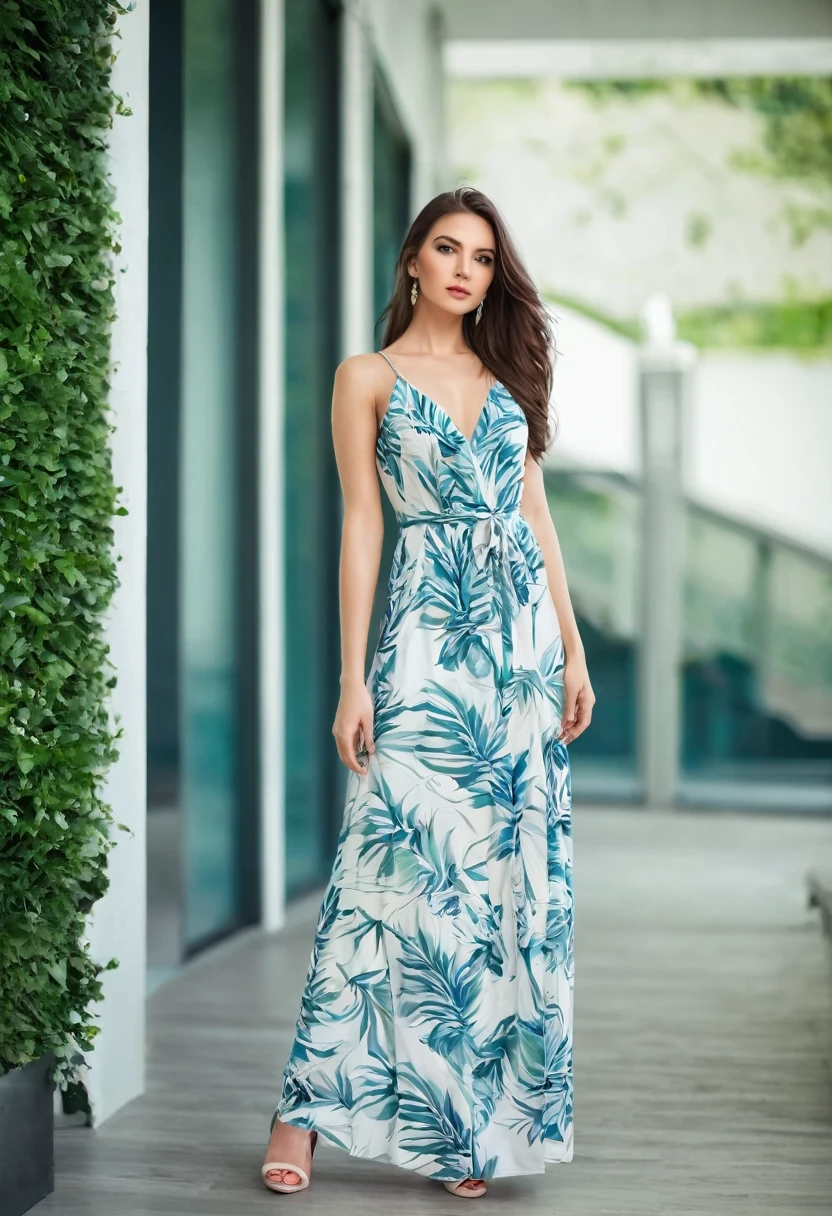 Beautiful attractive woman , stand up, modern summer style ,full-length , beautiful dress 