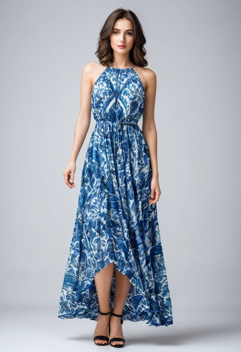 Beautiful attractive woman , stand up, modern summer style ,full-length , beautiful dress