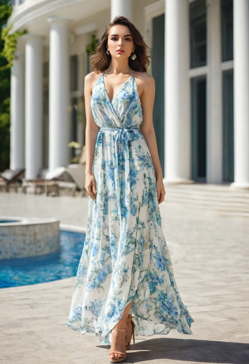 Beautiful attractive woman , stand up, modern summer style ,full-length , beautiful dress 