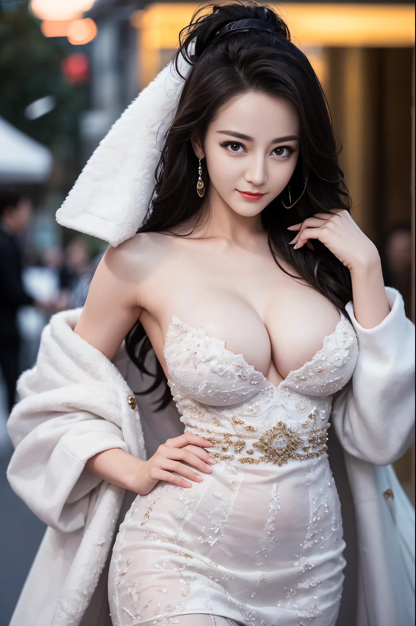 Top quality、8k、(Masterpiece:1.3)、Extremely delicate and beautiful girl,full-body shot,(big breasts:1.4),bigger breasts,amazing breast size,G-cup。Wear big earrings,Very white skin,moist red lips,Waist is very thin,Thighs are very thin,big butt,fair and smooth skin,Smooth and fair skin,flawless skin,Fair and shiny skin,cold white skin,The camera focuses on the chest,Bright light,White tube top dress,bare shoulders,white hair,hair is white,heavy snow,snow mountain,sunset,Rizhao Jinshan,happy,(solo:1.41),(1girl:1.42),