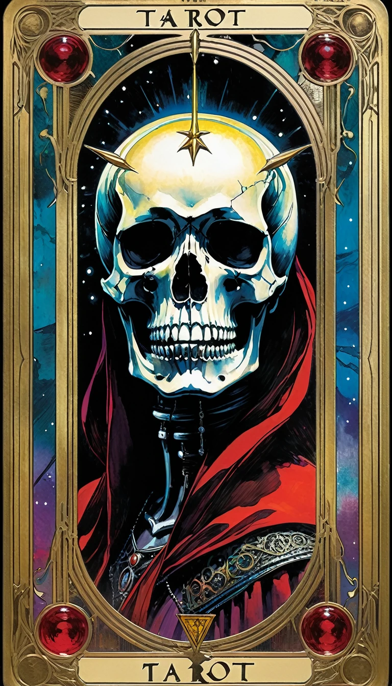 ((tarot card)) DEATH ((card frame)), work by Bill Sienkiewicz, vivid colors, intricate details, oil.