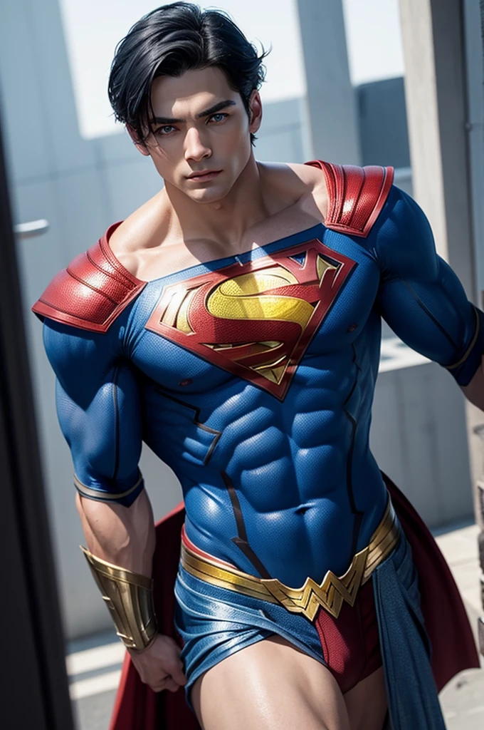 Son of Superman and Wonder Woman. blue colored eyes, shorth hair, masculine.