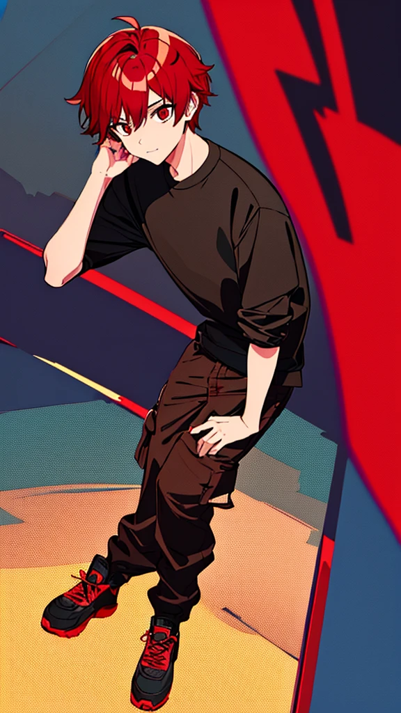 The boy with red hair with an American cut, a red and black sweatshirt, cargo pants, in the background, he is at a show, looking at a non-Stage who is dressed as an Idol, her hair is short black with red highlights and she is wearing the Idol outfit
