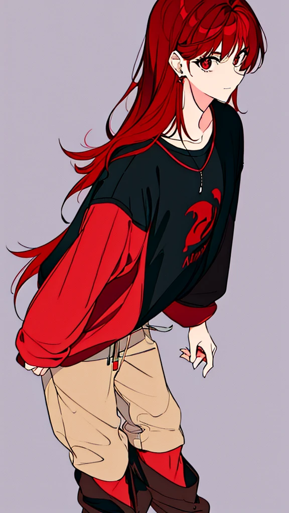 The boy with red hair with an American cut, a red and black sweatshirt, cargo pants, in the background, he is at a show, looking at a non-Stage who is dressed as an Idol, her hair is short black with red highlights and she is wearing the Idol outfit