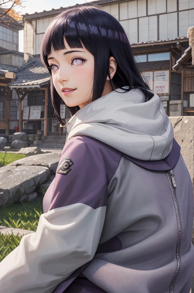 masterpiece, Highest quality,Rice field background、 One girl, Hinata_shippu, Long Hair, Two-tone jacket, White eyes, No students, Lower the hood, Symbol of Konohagakure, Forehead protector, smile, Upper Body, alone, View your viewers, Master Parts, Disorganized, Hinata\(bolt\), One girl, alone,Mature Woman, View the viewer, (Petals falling), Perfect composition, Detailed lips, Large Breasts, Beautiful Face, Body Type, blush, (Pink Lips),, Purple eyes, Soft look, Ultra-realistic, be familiar with, Realistic face and body, Side view