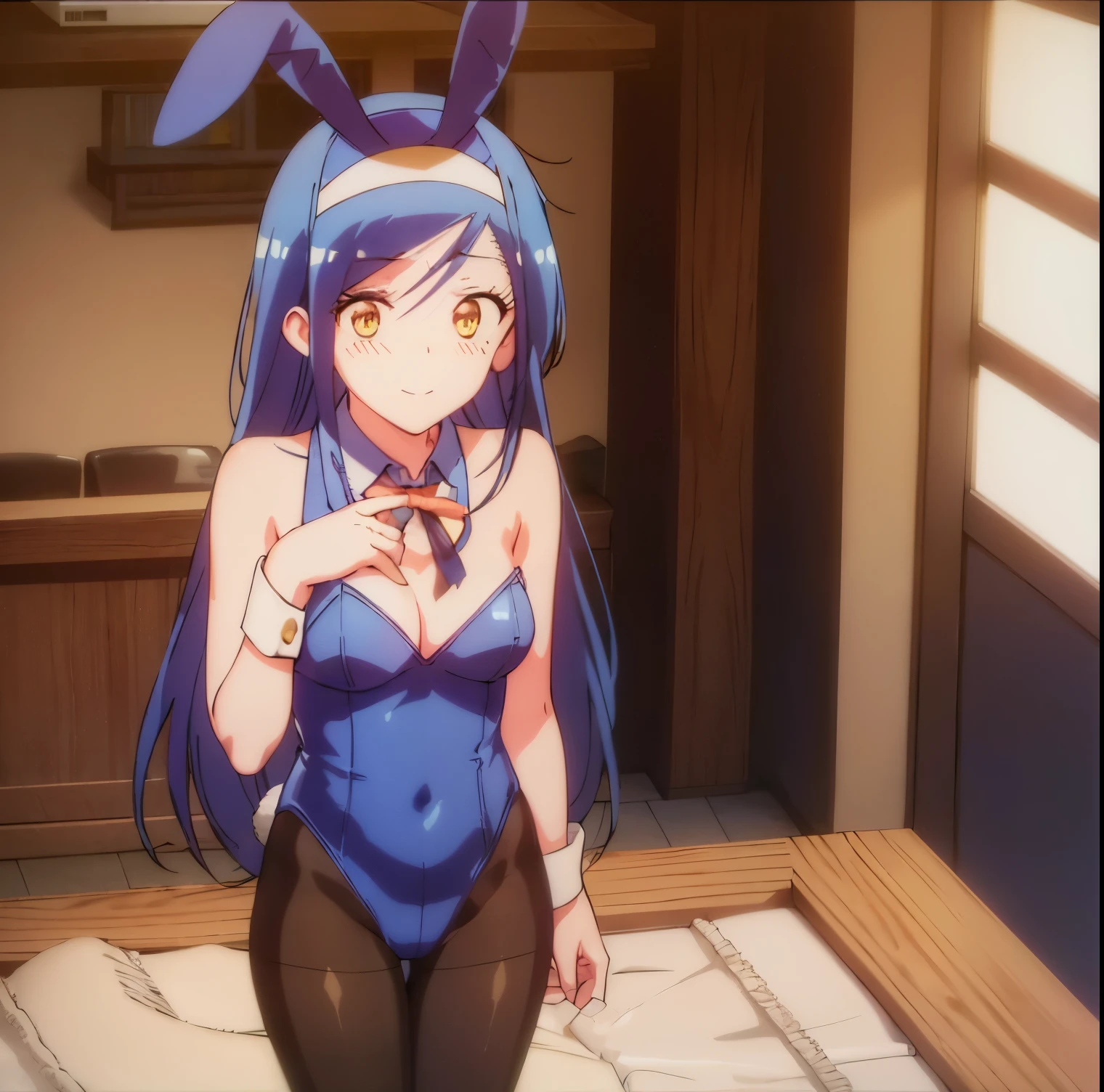 1girl ,solo, fumino furuhashi, ((Best quality)), (ultra detailed), anime style, looking at viewer, bed, cute girl, bed, long hair, blue hair, yellow eyes, ((light blue Playboy bunny outfit :1.4)), ((black pantyhose:1.3)), ((black headband)), ((black rabbit ears)), white shoes, small breasts, medium waist, wide hips, wide thighs, seductive, embarrassed, blushing , dynamic posture, full body, smile, closed mouth, standing, dw front (focus on breasts), pov ((from middle), good lighting, japanese school interior, library, perfect anatomy, perfect hand