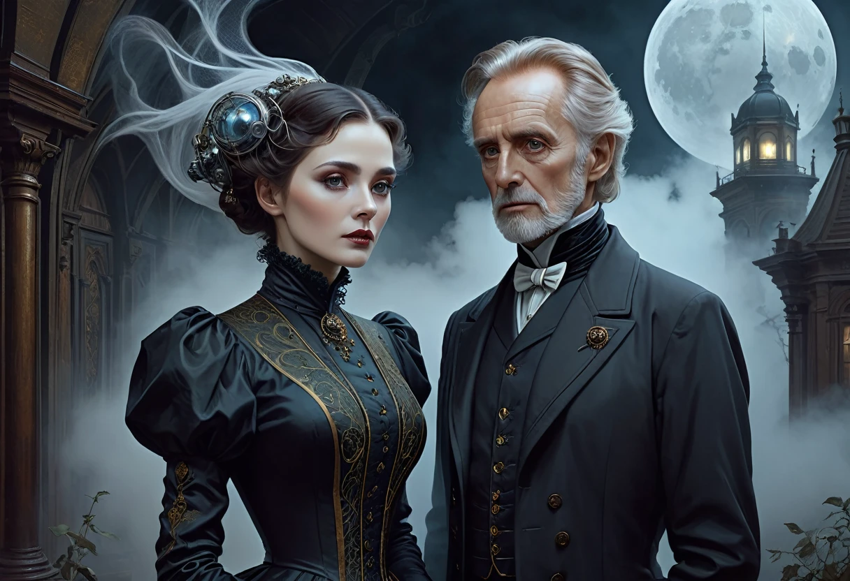 Araphic image of a man and woman in ghostly clothes, Kramsky 4k, inspired by Ivan Kramsky, Lipton and Michael Whelan, inspired by Victorian science fiction, highly detailed visual portrait, Tom Bagshaw Weta Studio, Alexander Kucharski, Stefan Coydl, René Auberjonois