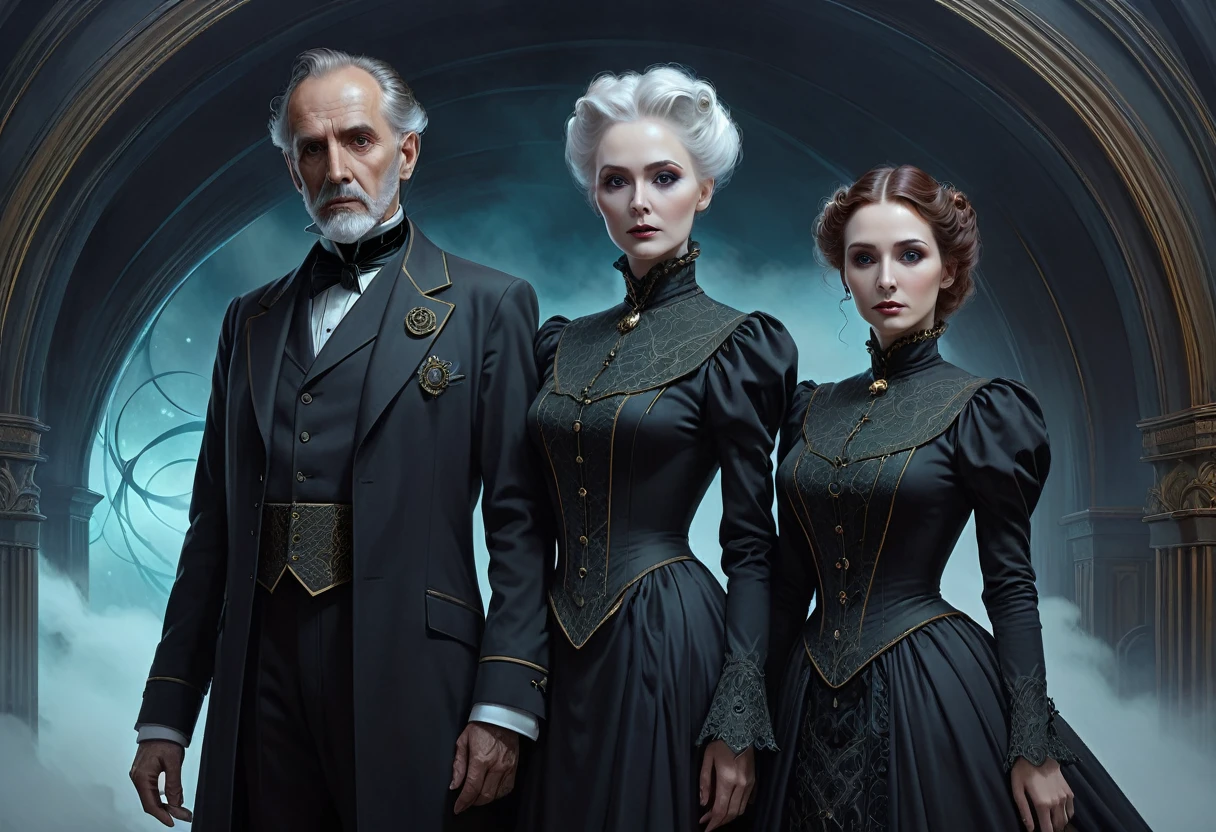 Araphic image of a man and woman in ghostly clothes, Kramsky 4k, inspired by Ivan Kramsky, Lipton and Michael Whelan, inspired by Victorian science fiction, highly detailed visual portrait, Tom Bagshaw Weta Studio, Alexander Kucharski, Stefan Coydl, René Auberjonois