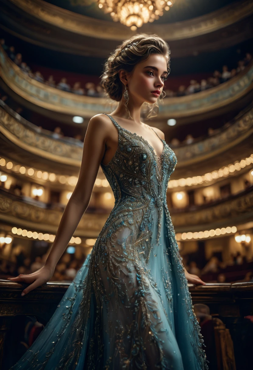 Evening Dress, theater, by Otto Pilny, RAWphoto, 35mm photograph, bokeh, best quality, masterpiece, very aesthetic, perfect composition, intricate details, ultra-detailed