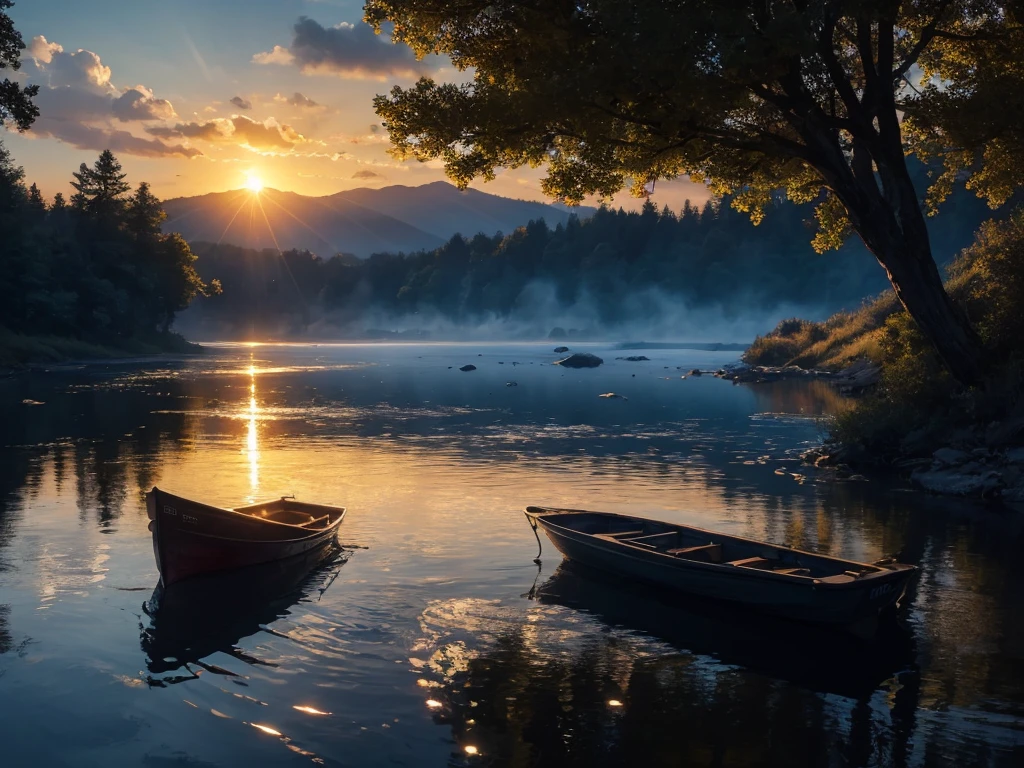 (RAW style, masterpiece, best quality, Extremely detailed), Sunrise over a tranquil river, Volumetric light casting a golden glow on the water, Tranquil scenery, Foggy atmosphere, At the crack of dawn, Clear reflection, light, Sunlight shines through the trees, Ultra-high resolution, (Realistic water texture: 1.2), (Stunning sunrise: 1.1), (vibrant color palette: 1.1), (Incredible details: 1.0), (Immersive: 1.1), (Gorgeous: 1.1), (Fascinating: 1.1),