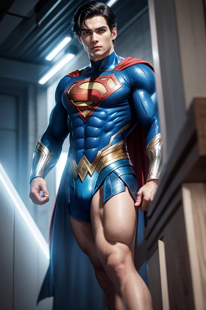 Son of Superman and Wonder Woman. blue colored eyes, shorth hair, masculine.
