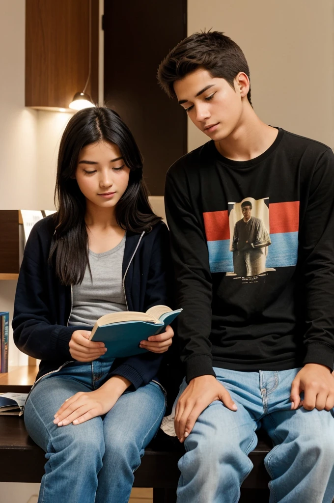 A 20-year-old boy is sitting next to a girl reading a book and looking at the girl.